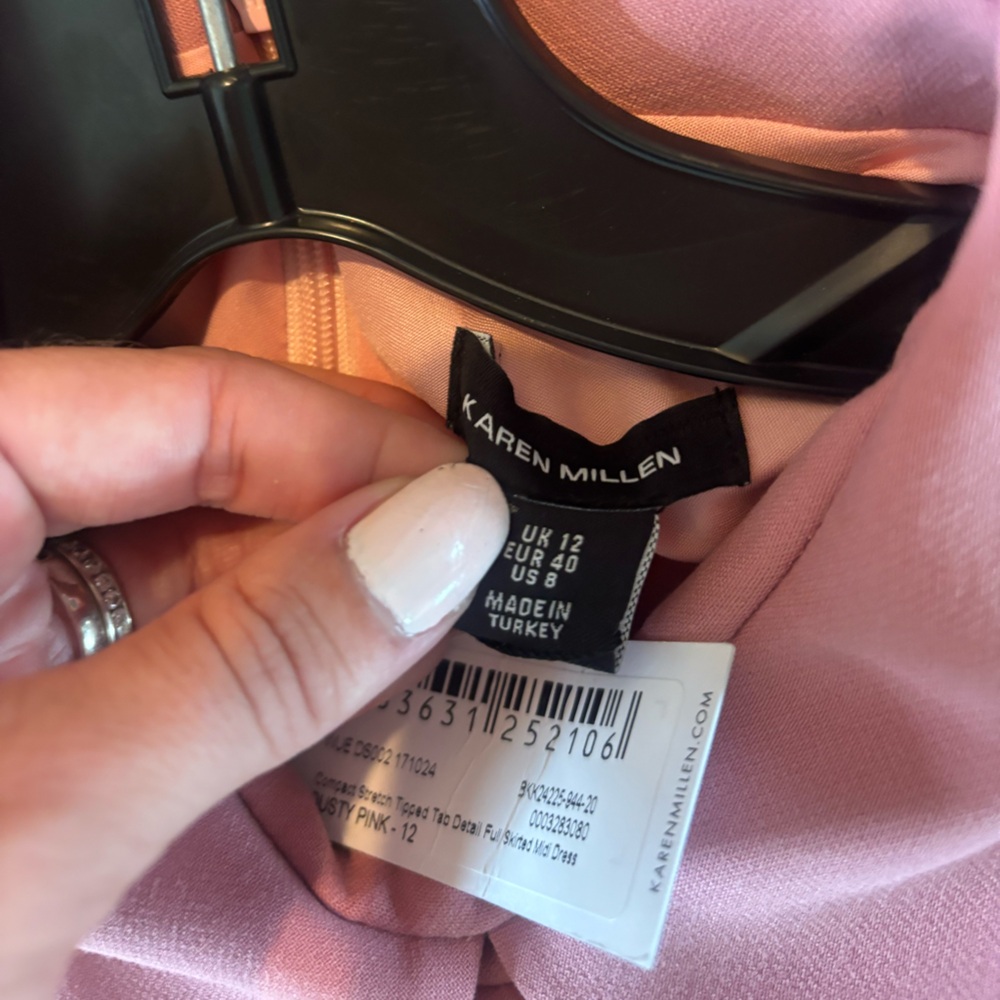 KAREN MILLEN Compact Stretch Tab Detail Full Skirted Midi Dress Dusty Pink NWT - Picture 15 of 15